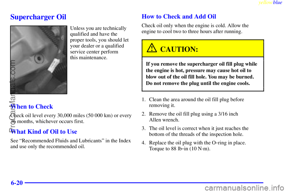 BUICK PARK AVENUE 1999  Owners Manual yellowblue     
6-20
Supercharger Oil
Unless you are technically
qualified and have the
proper tools, you should let
your dealer or a qualified
service center perform 
this maintenance.
When to Check
