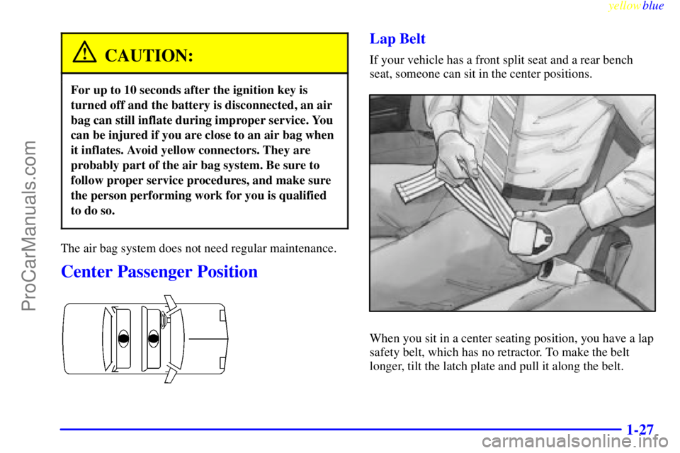BUICK PARK AVENUE 1999  Owners Manual yellowblue     
1-27
CAUTION:
For up to 10 seconds after the ignition key is
turned off and the battery is disconnected, an air
bag can still inflate during improper service. You
can be injured if you