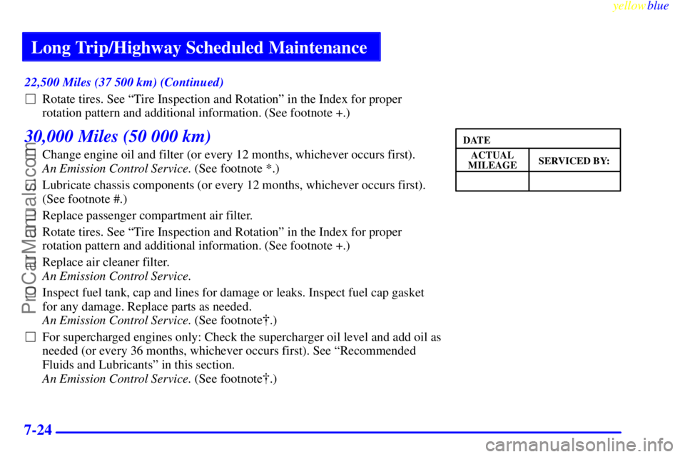 BUICK PARK AVENUE 1999  Owners Manual Long Trip/Highway Scheduled Maintenance
yellowblue     
7-24
22,500 Miles (37 500 km) (Continued)
Rotate tires. See ªTire Inspection and Rotationº in the Index for proper
rotation pattern and addit