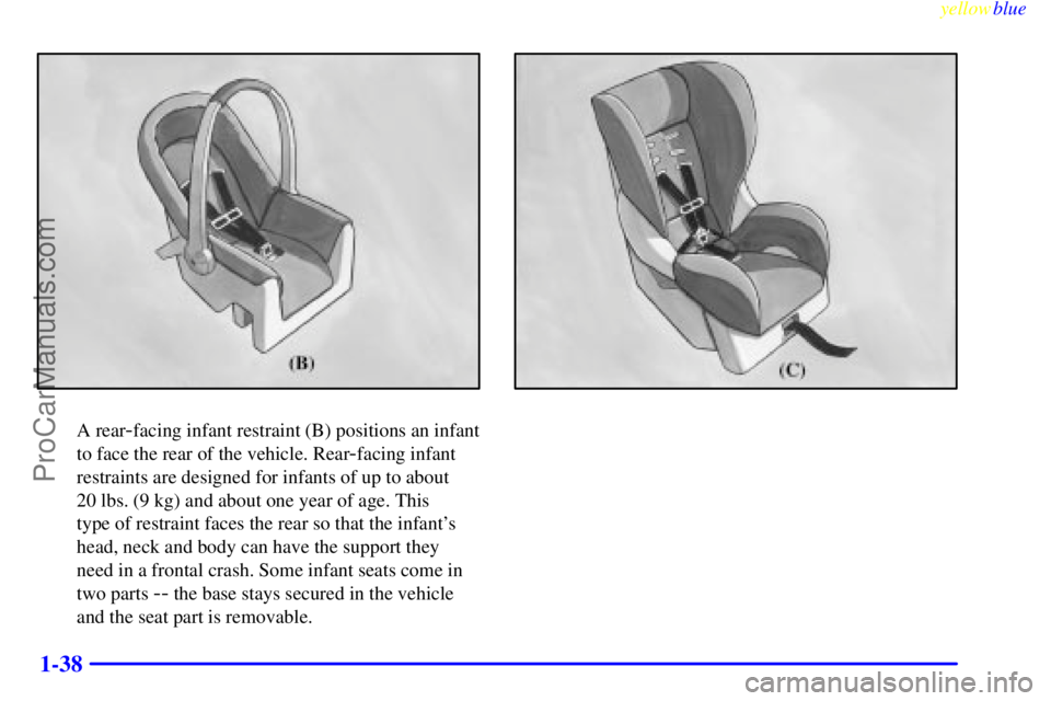 BUICK PARK AVENUE 1999  Owners Manual yellowblue     
1-38
A rear-facing infant restraint (B) positions an infant
to face the rear of the vehicle. Rear
-facing infant
restraints are designed for infants of up to about 
20 lbs. (9 kg) and 