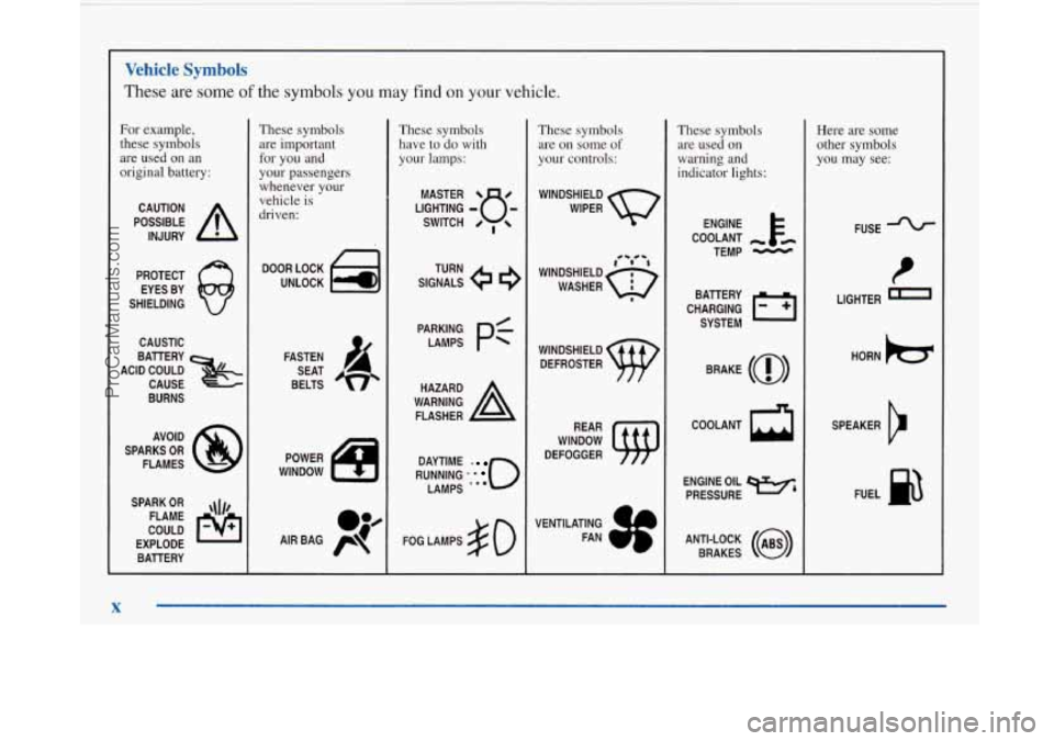 BUICK PARK AVENUE 1997  Owners Manual Vehicle Symbols 
These are some of the symbols you may find on your vehicle. 
For example, 
these symbols 
are used  on  an 
original battery: 
POSSIBLE A 
CAUTION 
INJURY 
PROTECT  EYES  BY 
SHIELDIN