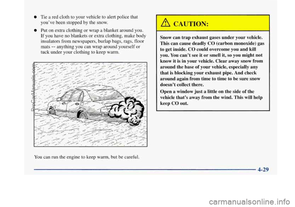 BUICK PARK AVENUE 1997  Owners Manual Tie a red cloth to your vehicle  to alert police that 
you’ve  been stopped by the  snow. 
Put on extra clothing  or wrap a blanket around you. 
If  you  have  no  blankets 
or extra clothing, make 