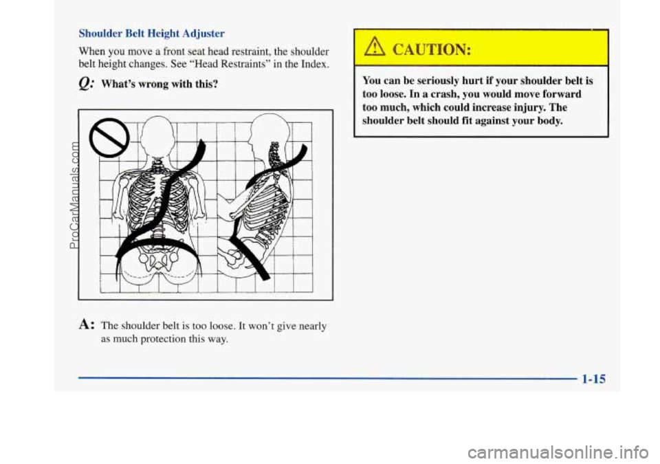 BUICK PARK AVENUE 1997  Owners Manual Shoulder  Belt  Height  Adjuster 
When you move a  front  seat  head restraint,  the  shoulder 
belt  height  changes.  See “Head  Restraints”  in  the  Index. 
@ What’s  wrong  with  this? 
A: 