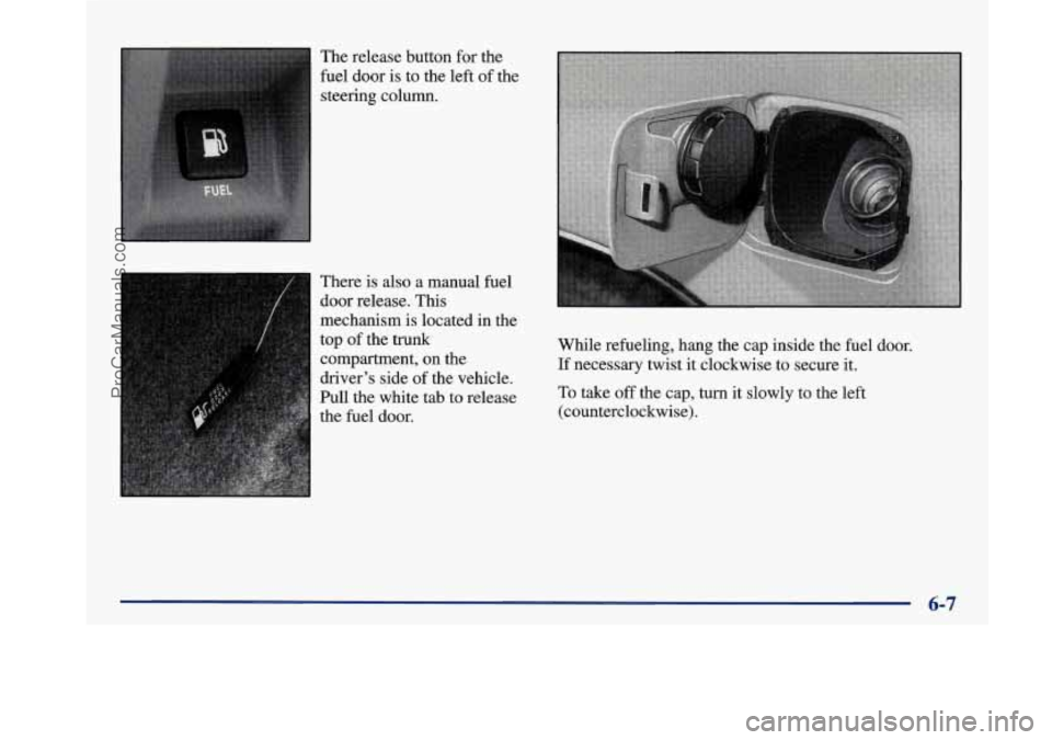 BUICK PARK AVENUE 1997  Owners Manual The release  button  for  the 
fuel  door  is  to the  left  of the 
steering  column. 
There  is also  a  manual  fuel 
door  release.  This 
mechanism 
is located  in  the 
top  of the 
tnxnk 
compa