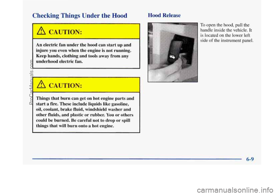BUICK PARK AVENUE 1997  Owners Manual Checking Things Under the Hood Hood Release 
A CAUTION: 
An electric fan  under  the  hood can start  up  and 
injure  you  even  when  the engine  is not running. 
Keep  hands, clothing  and tools  a
