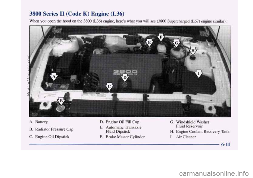 BUICK PARK AVENUE 1997  Owners Manual 3800 Series I1 (Code K) Engine (L36) 
When  you  open  the  hood on the 3800 (L36) engine,  here’s what you will see (3800 Supercharged (L67) engine  similar): 
“14 ,.... 
A.  Battcry 
D. Engine  