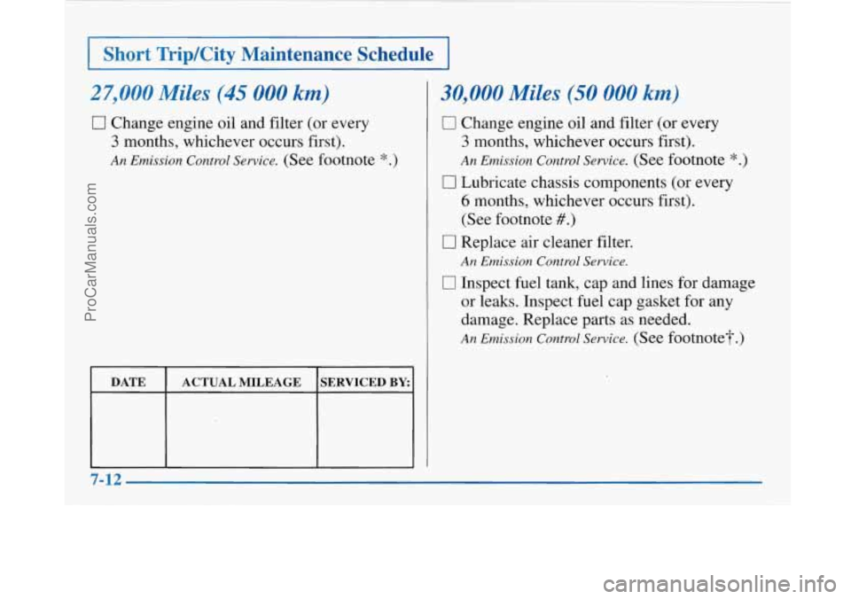 BUICK PARK AVENUE 1997  Owners Manual 1- Short  TripKity  Maintenance  Schedule I 
27,000 Miles (45 000 km) 
0 Change engine oil and filter (or  every 
3 months,  whichever  occurs  first). 
An Emission Control Service. (See footnote *.) 