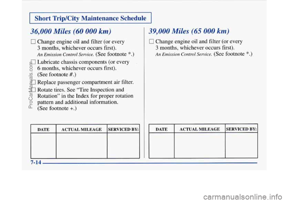 BUICK PARK AVENUE 1997  Owners Manual I Short TripKity  Maintenance  Schedu 
36,000 Miles (60 000 km) 
0 Change engine oil and filter (or every 
3 months,  whichever  occurs  first). 
An Emission  Control  Service. (See  footnote *.) 
6 m
