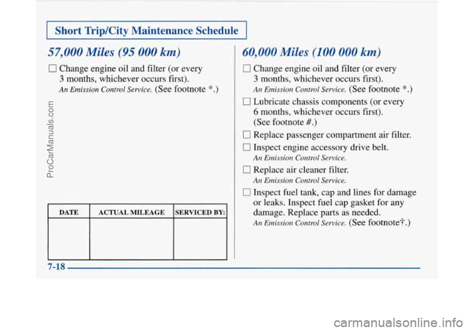 BUICK PARK AVENUE 1997  Owners Manual ~  ~~ I Short 
TripKity  Maintenance  Schedule I 
~~  ~~~~  ~  ~ 
57,000 Miles (95 000 km) 
0 Change engine oil  and filter  (or every 
3 months,  whichever  occurs first). 
An Emission Control Servic
