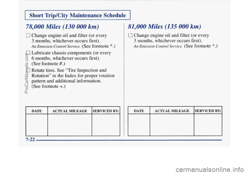 BUICK PARK AVENUE 1997  Owners Manual I Short TriplCity  Maintenance  Schedule I 
78,000 Miles (130 000 km) 
0 Change engine oil and filter  (or  every 
3 months,  whichever  occurs  first). 
An Emission  Control  Service. (See footnote *