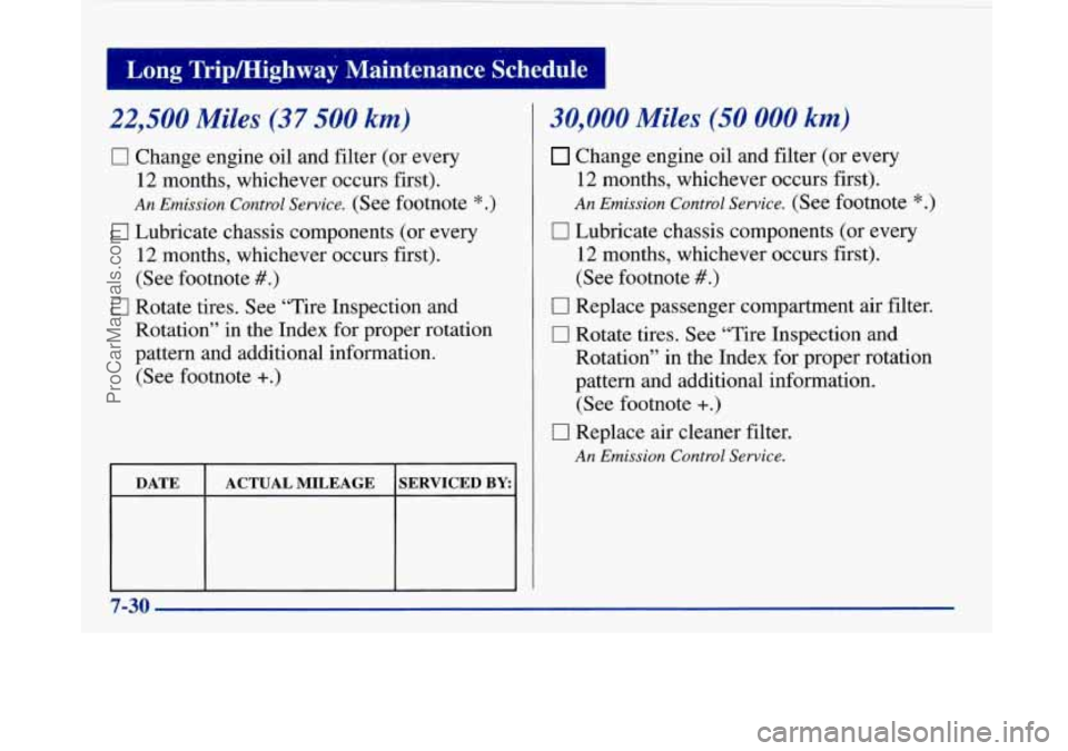 BUICK PARK AVENUE 1997  Owners Manual 22,500 Miles (37 500 km) 
0 Change  engine oil and filter  (or  every 
12  months,  whichever  occurs  first). 
An Emission Control Service. (See  footnote * .) 
0 Lubricate  chassis  components  (or 
