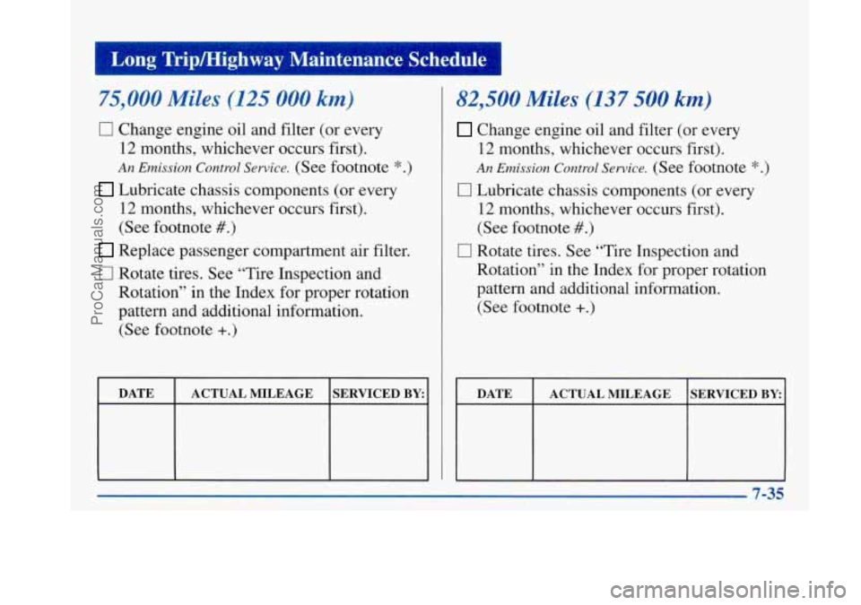 BUICK PARK AVENUE 1997  Owners Manual Long  Tripmighway  Maintenance  Schedule 1 
75,000 Miles (125 000 km) 
0 
0 
Change engine oil and filter  (or  every 
12  months,  whichever  occurs first). 
An Emission Control Service. (See footnot