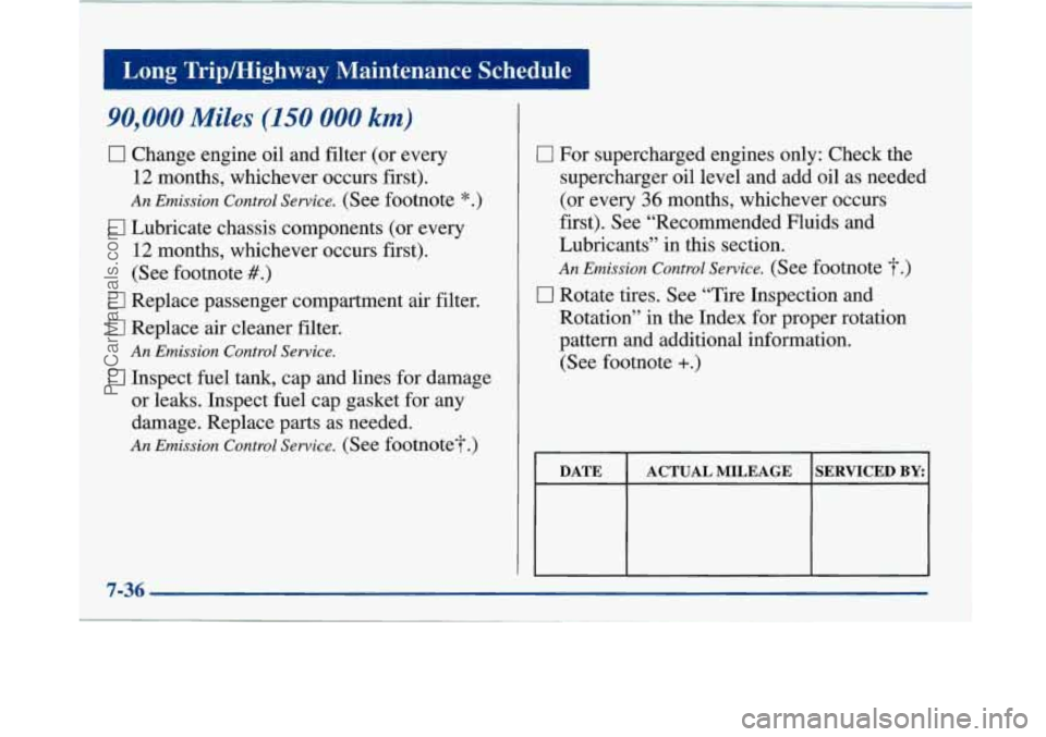 BUICK PARK AVENUE 1997  Owners Manual - 
Long  Tripmighway  Maintenance  Schedule 
90,000 Miles (150 000 km, 
0 Change  engine oil and  filter  (or  every 
12  months,  whichever  occurs  first). 
An  Emission  Control  Service. (See  foo