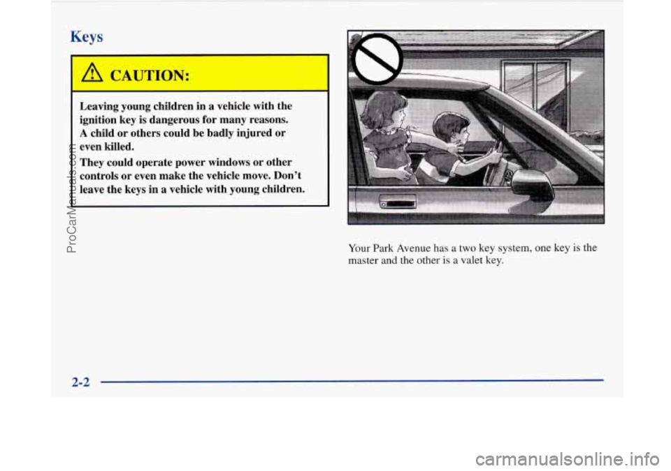 BUICK PARK AVENUE 1997  Owners Manual Keys 
A CAUTION: 
Leaving  young  children  in  a  vehicle  with  the 
ignition  key 
is dangerous  for  many  reasons. 
A child or others  could  be  badly  injured  or 
even  killed. 
They  could  o