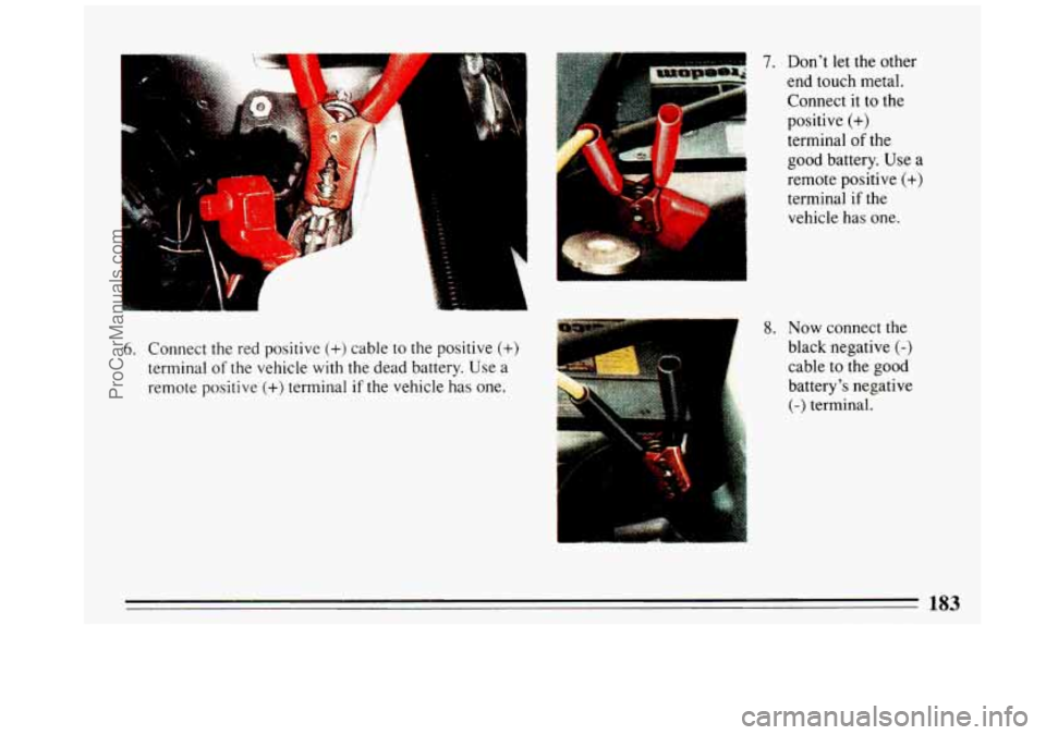 BUICK REGAL 1993  Owners Manual I 
L-,.::. .. 
s ... 
6. Connect the red positive (+) cable  to  the positive (+) 
terminal of the vehicle  with the dead battery. Use  a 
remote  positive 
(+) terminal if the vehicle has  one. 
cT;Q