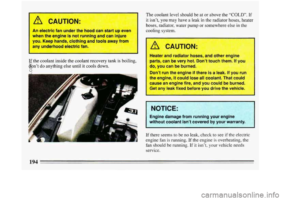 BUICK REGAL 1993  Owners Manual tder the hood  can  =&drt up even 
is not running and can  injure 
--, clothing and tools away  frnm 
I nlcwtric fan- 
~  ~~~~ --- 
If the coolant inside  the  coolant recovery tank is boiling, 
don