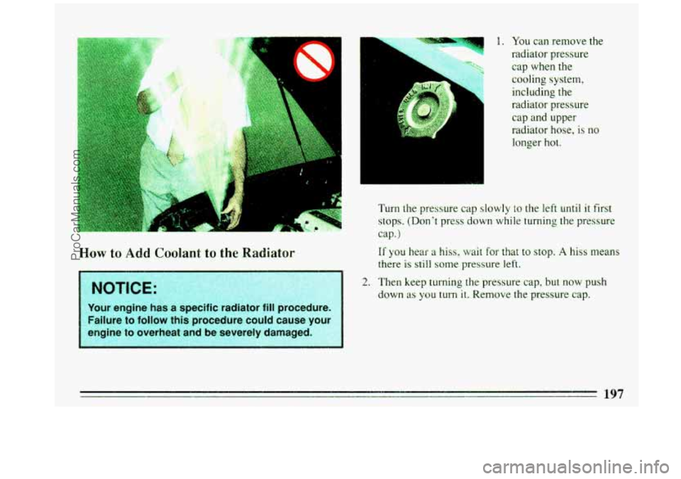 BUICK REGAL 1993  Owners Manual x 8 
ir 
..-, 
How to Add Coolant  to the Radiator 
7 1. You can remove  the 
radiator pressure 
cap  when 
the 
cooling  system, 
including the 
radiator pressure 
cap  and upper 
radiator hose,  is 