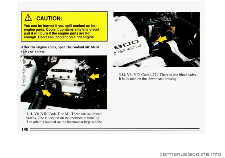 BUICK REGAL 1993  Owners Manual .. 
1 CAI L 
L YOU can De Durnea IT 
engine  parts.  Coola 
and it will burn if the  engine  parts  are  hot 
enough.  Dont  spill  coolant 
on a  hot  engin 
ji 
After the engine cools, open the coo