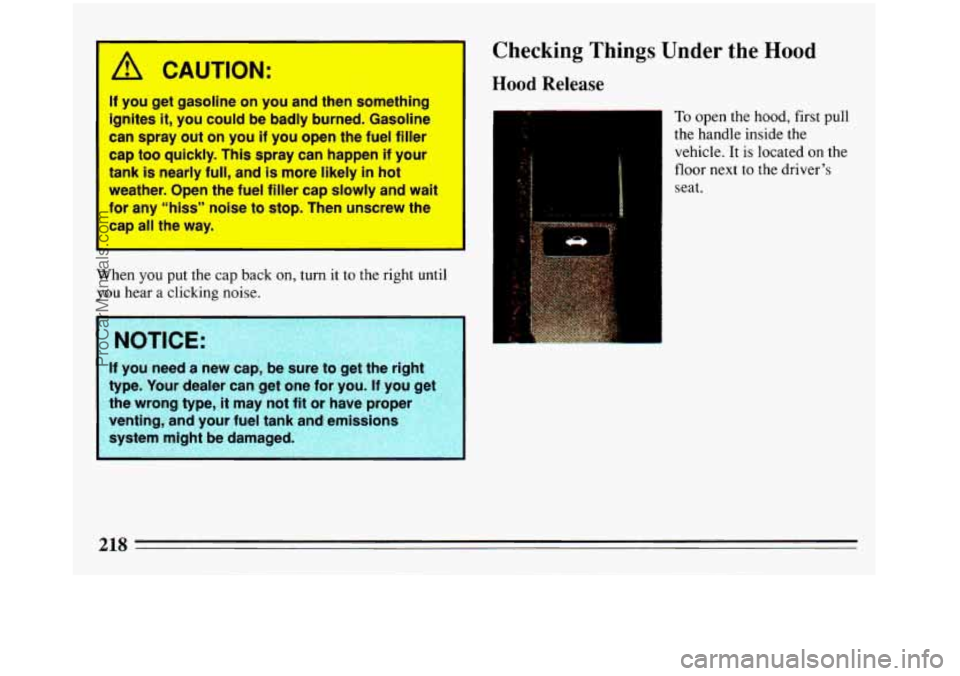 BUICK REGAL 1993  Owners Manual A CAUTION: 
If you get gasoline on you and then something 
ignites it, you could be badly burned. Gasoline 
can spray out on you if you open the fuel filler 
cap too quickly, This spray can happen if 