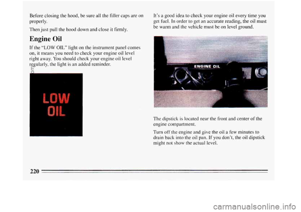 BUICK REGAL 1993  Owners Manual Before closing  the hood,  be sure all the filler  caps  are on 
properly. 
Then  just pull the  hood down and  close  it firmly. 
Engine  Oil 
If the “LOW OIL” light on the instrument panel comes