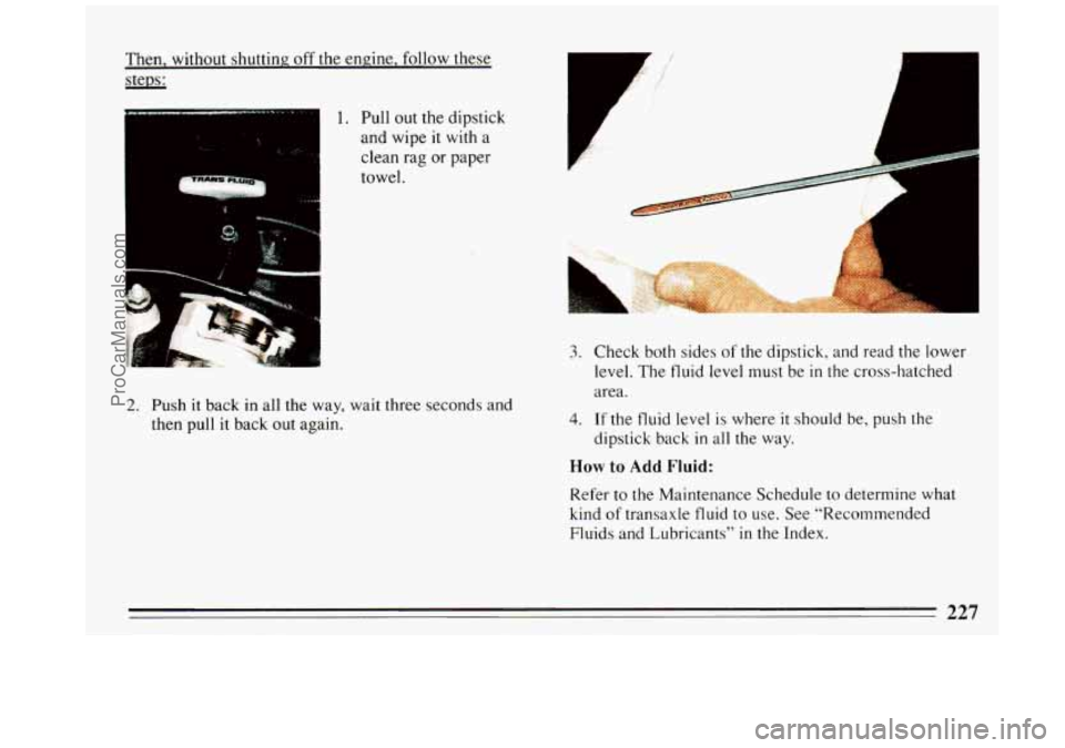 BUICK REGAL 1993  Owners Manual Then, without  shutting  off the  engine,  follow  these 
steps: 
1. Pull out the  dipstick 
and  wipe it  with 
a 
clean  rag  or  paper 
towel. 
‘i 
2. Push it back in all  the  way, wait three  s