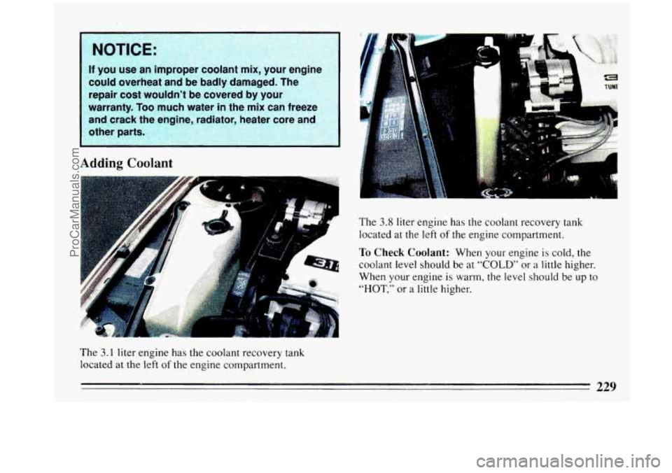 BUICK REGAL 1993  Owners Manual NOTICE: 
If you use an  improper  coolant  mix,  your engine 
could  overheat  and  be badly  damaged.  The 
repair  cost  wouldn’t  be  covered  by 
your 
warranty. Too much  water  in the  mix  ca