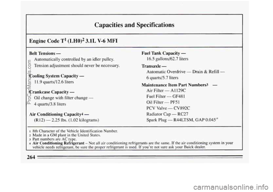 BUICK REGAL 1993 Owners Manual Capacities and Specifications
Engine Code T1 (LH0)2 3.1L V-6 MFI
Belt Tensions -
Automatically controlled by an idler pulley.
Tension adjustment should never be necessary.
Cooling System Cap BUICK REGAL 1993 Owners Manual Capacities and Specifications
Engine Code T1 (LH0)2 3.1L V-6 MFI
Belt Tensions -
Automatically controlled by an idler pulley.
Tension adjustment should never be necessary.
Cooling System Cap
