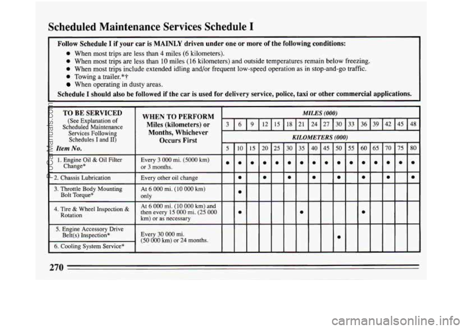BUICK REGAL 1993  Owners Manual Scheduled Maintenance Services Schedule I 
Follow Schedule I if  your car is MAINLY driven  under  one or more  of  the following  conditions: I 
0 When most trips are less than 4 miles (6 kilometers)
