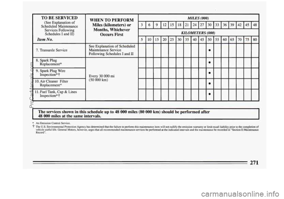 BUICK REGAL 1993  Owners Manual The services shown  in this schedule  up to 48 000 miles (80 000 km) should be performed  after 
48 000 miles at the same  intervals. 
* An Emission Control Service. 
3- The U.S. Environmental Protect