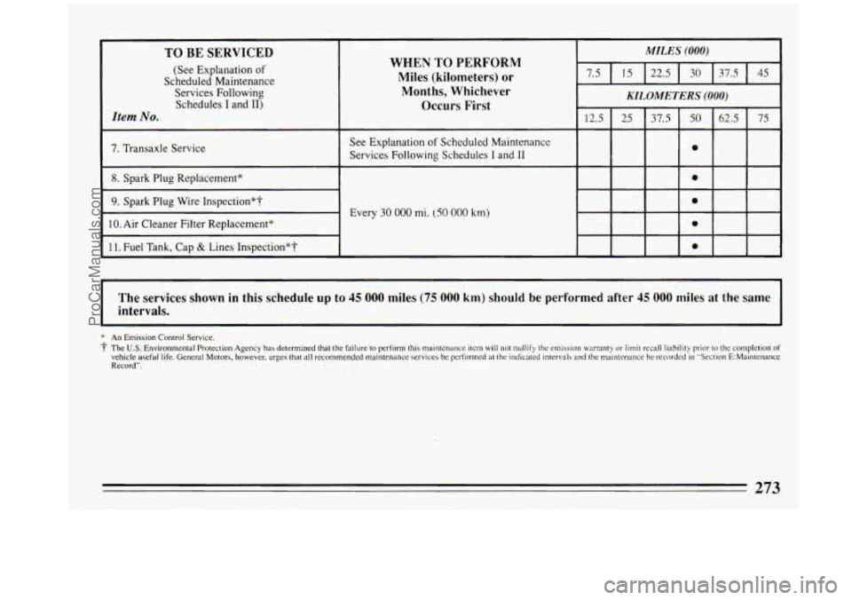 BUICK REGAL 1993  Owners Manual WHEN TO PERFORM (See  Explanation of 
Scheduled  Maintenance Miles (kilometers) or 
Services  Following Months,  Whichever 
Schedules I and 11) Occurs First 
Item No. 
Every 30 000 mi. (SO 000 km) 
r 