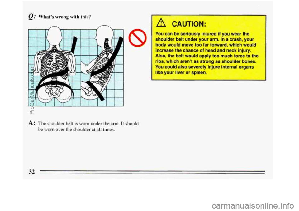 BUICK REGAL 1993  Owners Manual @ Whats wrong with this? 
t can be serlously II lrea IT you  wear 
moulder  belt under  your arm. 
In a  crash, yc 
body  would  move too far  forward,  which woula 
increase  the chance 
of head  a