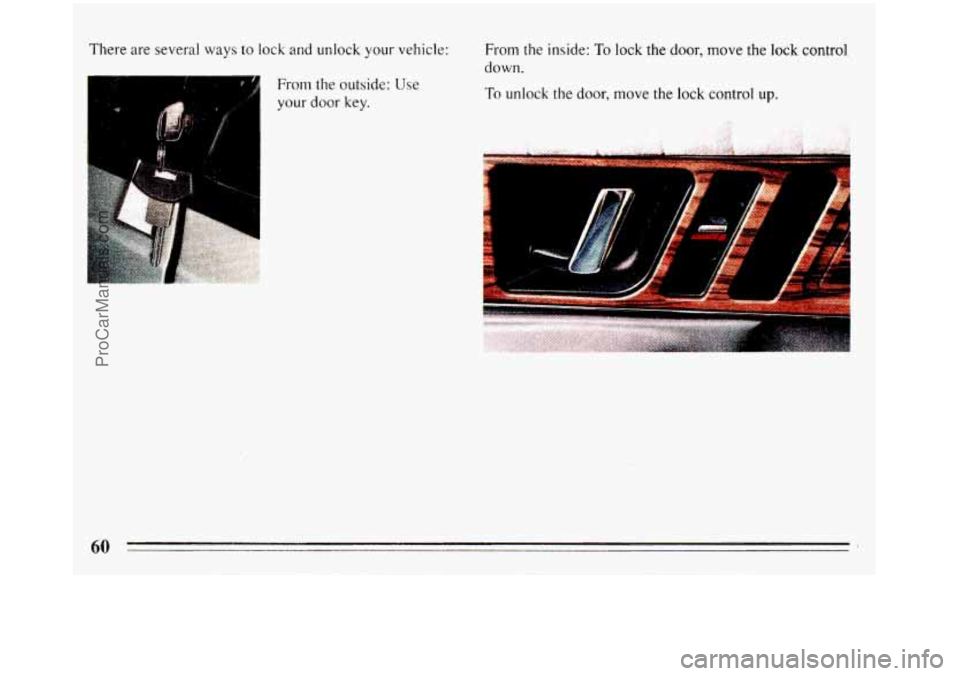 BUICK REGAL 1993  Owners Manual There  are several ways  to lock and unlock your vehicle: 
From the inside: To lock the door, move the lock control 
down. 
From  the 
outside: Use 
your door key. To unlock  the  door, move the lock 