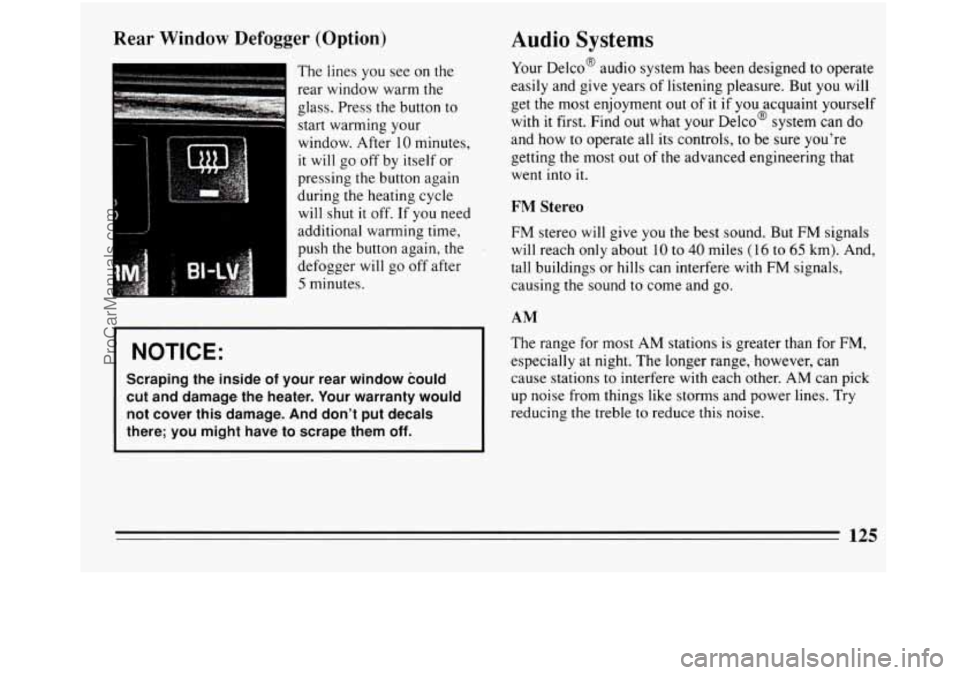 BUICK REGAL 1994  Owners Manual Rear Window Defogger (Option) Audio Systems 
The lines  you see on the 
rear window  warm the 
glass.  Press the button  to 
start warming your 
window. After 
10 minutes, 
it 
will go  off  by  itsel