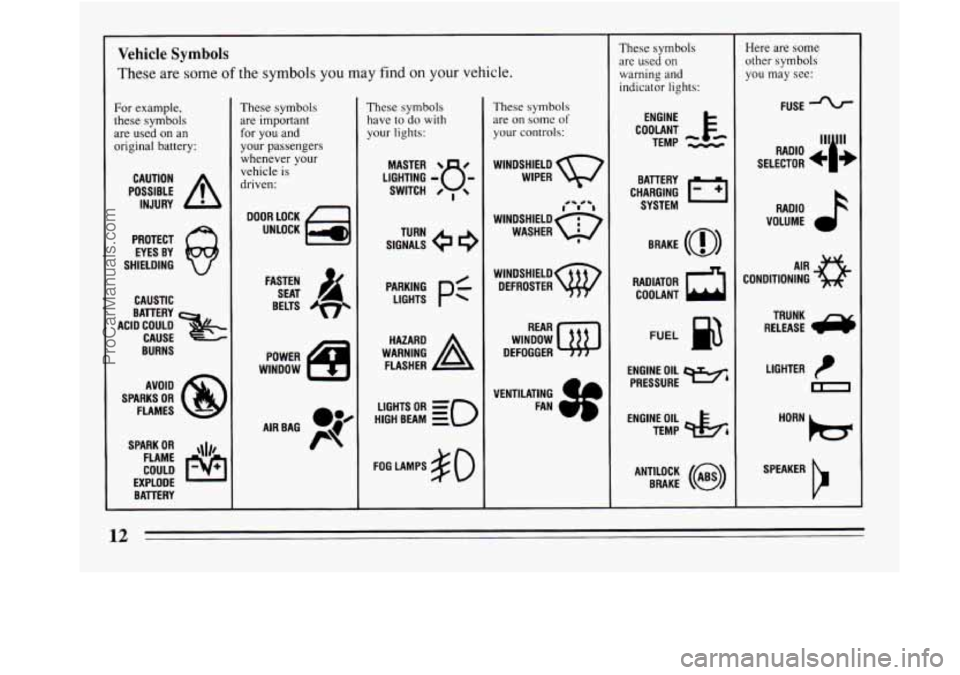 BUICK REGAL 1994  Owners Manual Vehicle Symbols 
These are  some of the symbols you  may  find on your vehicle. 
For example, 
these  symbols 
are  used  on  an 
original  battery: 
POSSIBLE A 
CAUTION 
INJURY 
PROTECT  EYES  BY 
SH