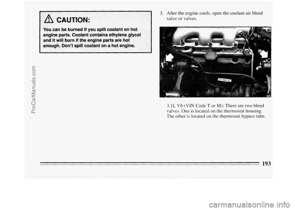 BUICK REGAL 1994  Owners Manual 3. After the engine cools, open the coolant air bleed 
valve 
or valves. 
3.1L 
V6 (VIN Code T or M): There  are  two  bleed 
valves. One 
is located on the thermostat housing. 
The 
other is located 