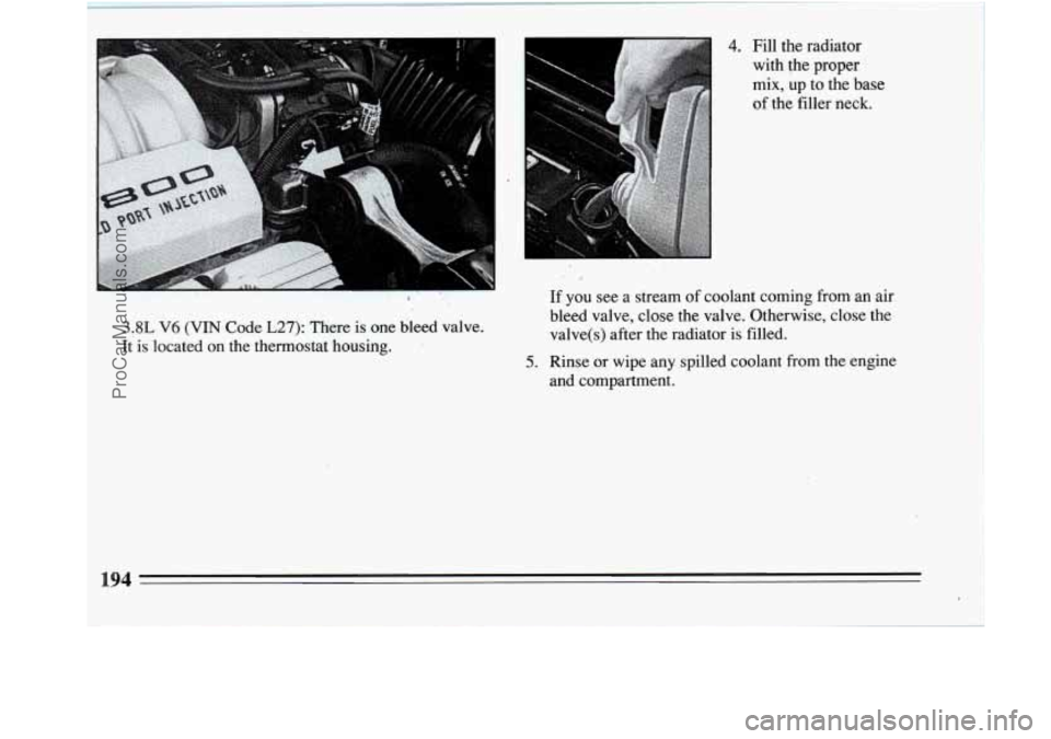 BUICK REGAL 1994  Owners Manual 1 
S 
3.8L V6 (VIN Code L27): There  is  one  bleed  valve. 
It  is  located  on  the  thermostat  housing. 
: 
4. Fill  the  radiator  with  the  proper 
mix,  up  to  the  base 
of  the  filler  ne