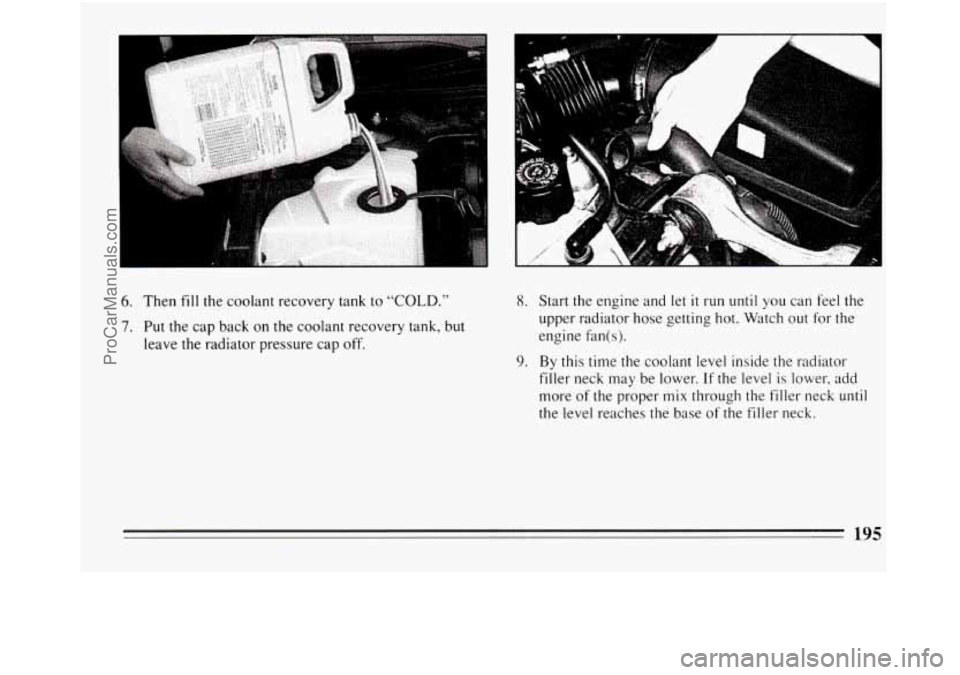 BUICK REGAL 1994  Owners Manual 6. Then fill the coolant recovery tank to “COLD.” 
7. Put the  cap  back on the coolant recovery tank,  but 
leave 
the radiator pressure  cap off. 
A 
8. Start the engine and  let it run until yo