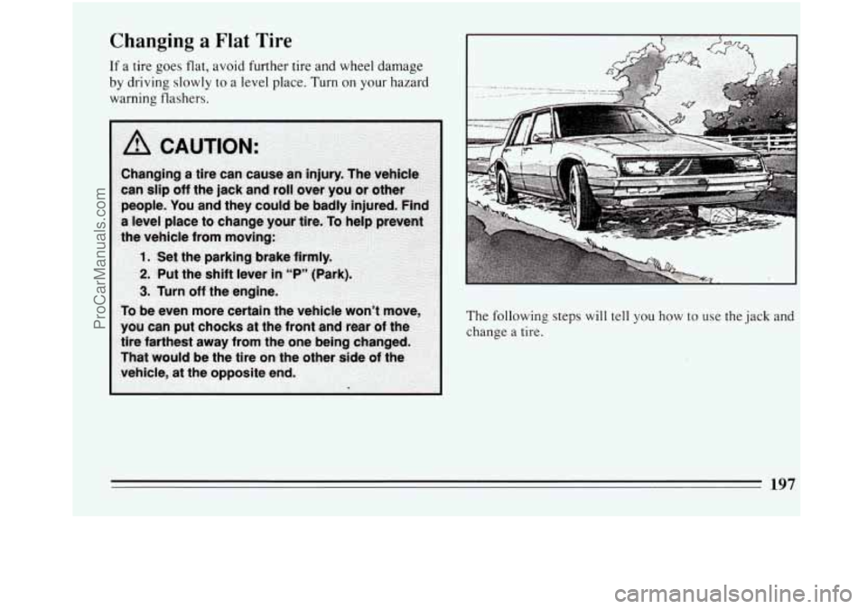 BUICK REGAL 1994  Owners Manual Changing a Flat Tire 
If a  tire goes flat, avoid further tire and  wheel damage 
by  driving  slowly to  a level  place.  Turn on your  hazard 
warning  flashers. 
The following steps  will 
tell you