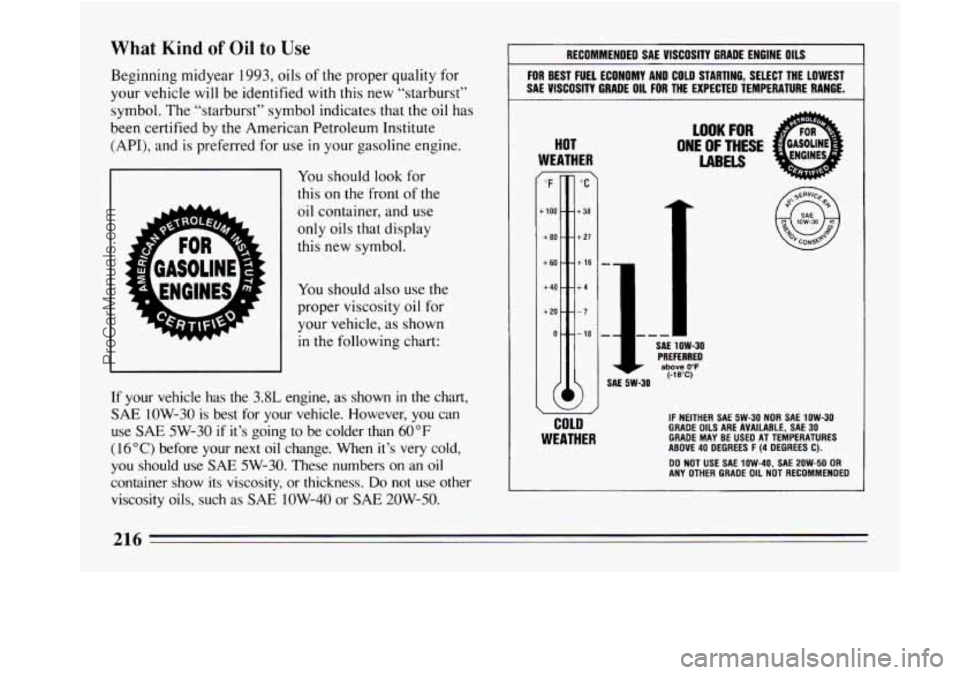 BUICK REGAL 1994 Owners Manual What Kind of Oil to Use
Beginning midyear 1993, oils of the proper quality for
your vehicle will be identified with this new “starburst”
symbol. The “starburst” symbol indicates that t BUICK REGAL 1994 Owners Manual What Kind of Oil to Use
Beginning midyear 1993, oils of the proper quality for
your vehicle will be identified with this new “starburst”
symbol. The “starburst” symbol indicates that t