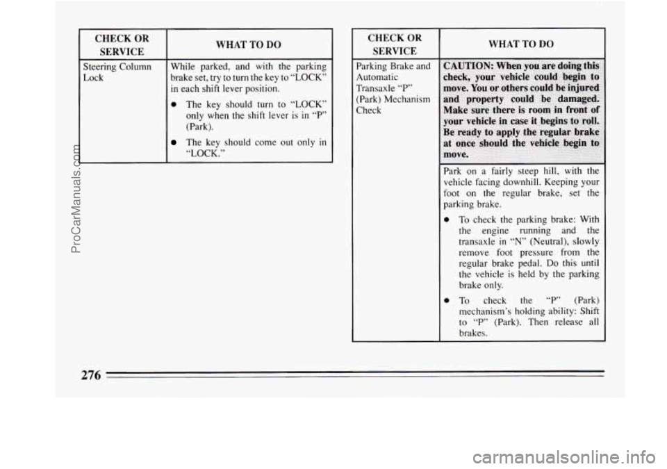 BUICK REGAL 1994  Owners Manual CHECK OR 
SERVICE  WHAT TO DO 
Steering 
Column 
in each shift lever position. 
brake set, try 
to turn the key  to “LOCK” 
Lock  While 
parked,  and  with the  parking 
0 The key  should turn to 