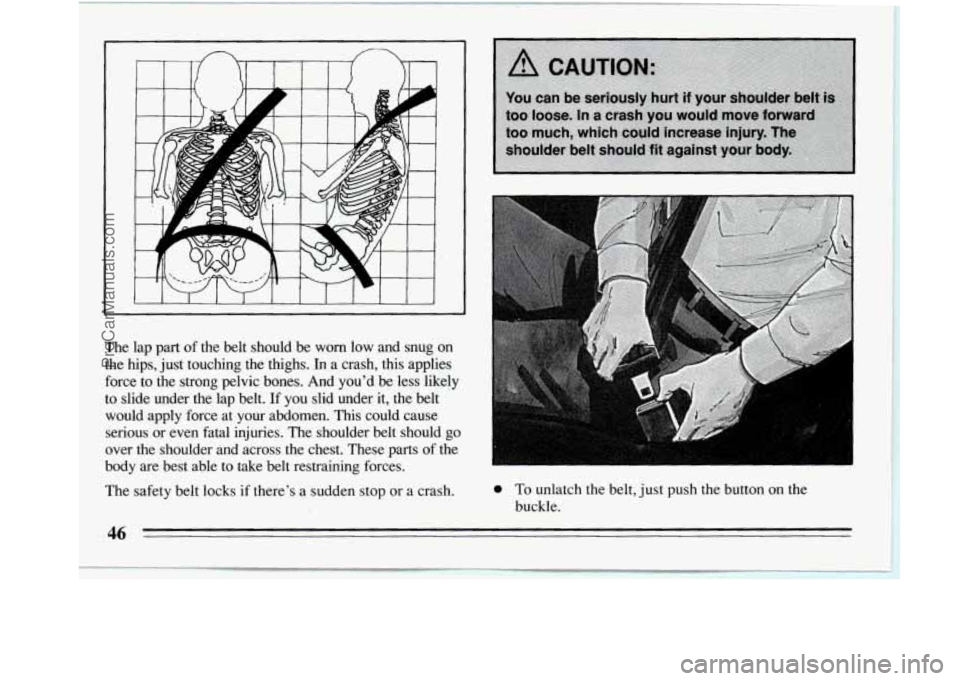 BUICK REGAL 1994  Owners Manual The  lap  part  of  the  belt  should be worn  low  and  snug on 
the  hips,  just touching  the  thighs.  In  a  crash,  this  applies 
force  to  the  strong  pelvic  bones.  And  youd  be  less  l