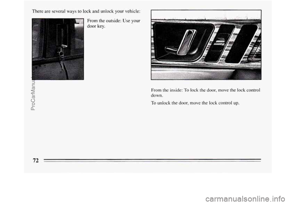 BUICK REGAL 1994  Owners Manual There &-+e setreral ways to lock and unlock your vehicle: 
=. ,.. r I- - From the outside: Use your 
From  the  inside: To lock  the door, move the  lock control 
down. 
To unlock  the door, move the