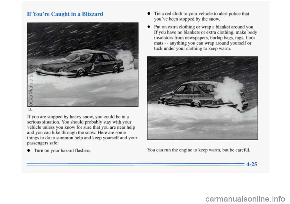 BUICK REGAL 1996  Owners Manual If You’re Caught  in a Blizzard 
If  you are stopped by heavy  snow, you  could  be in a 
serious  situation.  You should  probably  stay  with  your 
vehicle  unless  you know  for  sure  that  you