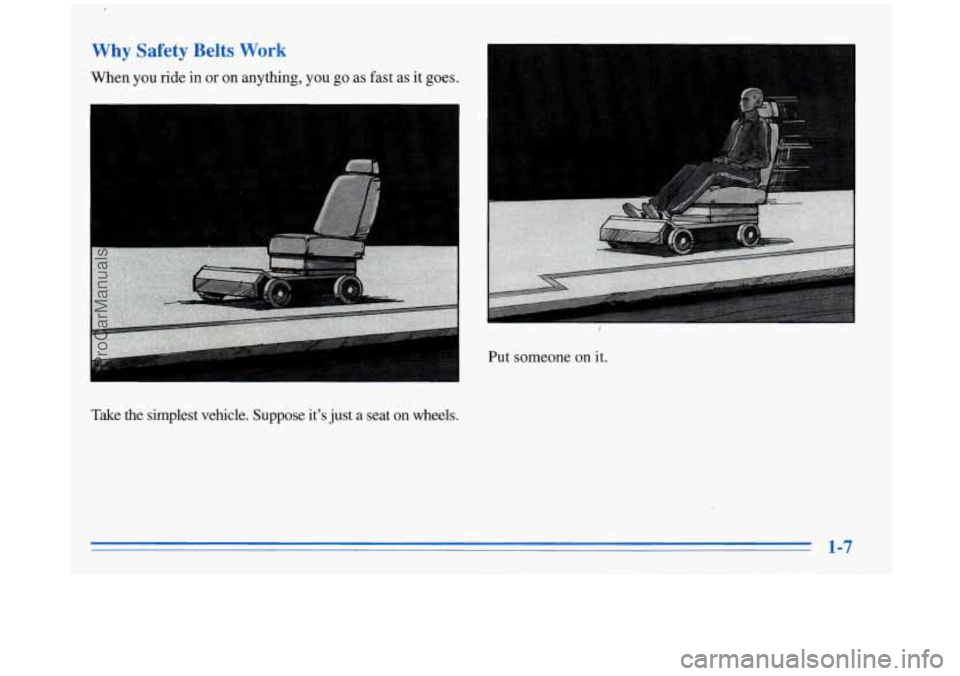 BUICK REGAL 1996  Owners Manual Why Safety  Belts  Work 
When you ride  in or on  anything,  you go  as  fast  as  it  goes, 
Take  the simplest  vehicle.  Suppose its 
just a seat on wheels. 
1-7 
ProCarManuals.com 