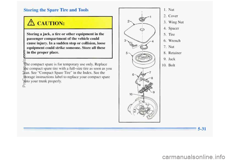 BUICK REGAL 1996  Owners Manual Storing the Spare Tire and Tools 
Storing  a jack, a  tire  or other  equipment  in  the 
passenger  compartment 
of the  vehicle  could 
cause  injury.  In  a  sudden  stop  or collision,  loose 
equ