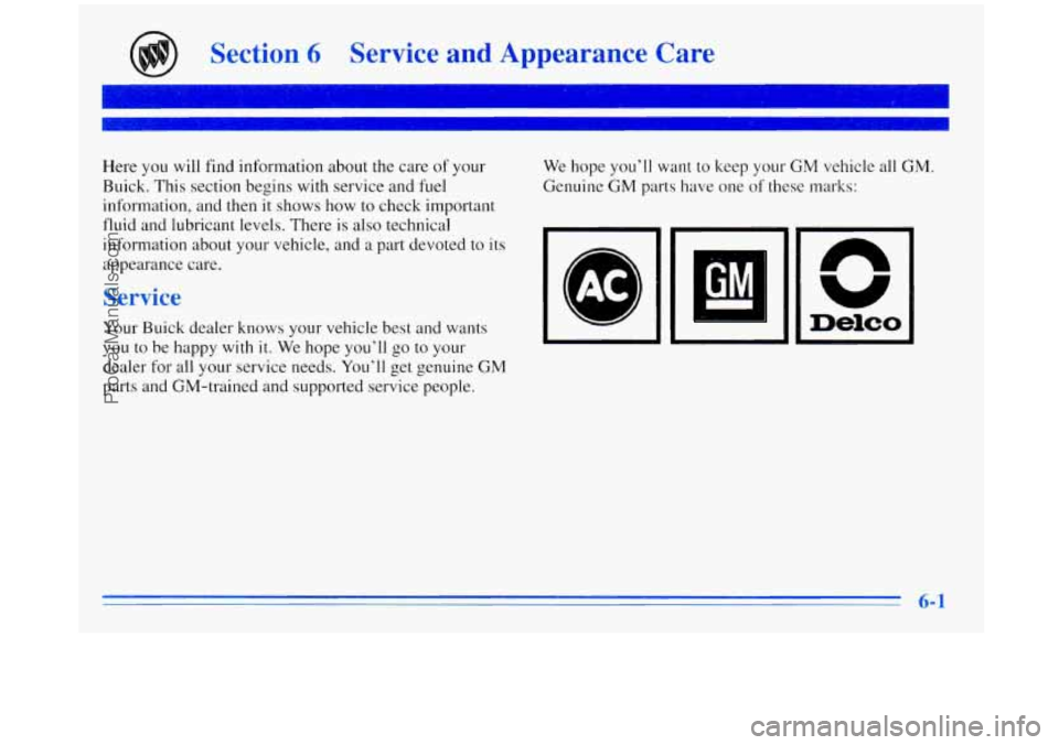 BUICK REGAL 1996  Owners Manual Section 6 Service  and  Appearance  Care 
Here you  will  find  information  about the care of your 
Buick.  This  section begins  with  service  and 
fuel 
information, and then it  shows how to chec