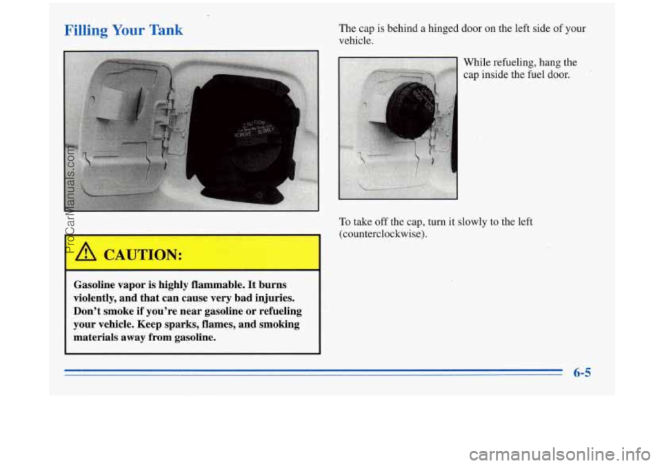BUICK REGAL 1996  Owners Manual Filling Your Tank The cap  is  behind  a  hinged  door  on the left  side  of your 
vehicle. 
/?i CAUTION: 
Gasoline  vapor  is  highly  flammable.  It burns 
violently,  and  that  can  cause  very  