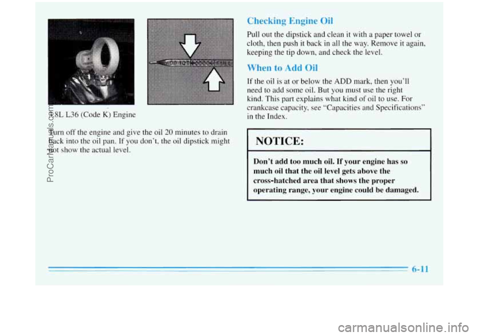BUICK REGAL 1996  Owners Manual 3.8L L36 (Code K) Engine 
Checking  Engine  Oil 
Pull out the dipstick  and clean  it with a paper  towel  or 
cloth,  then push  it back in all the  way. Remove 
it again, 
keeping the tip  down, and