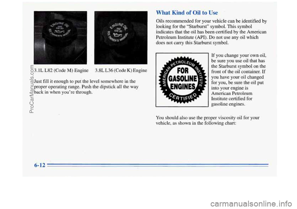 BUICK REGAL 1996  Owners Manual I 
I 
3.1L  L82 (Code M) Engine 3.8L  L36 (CodeK) Engine 
Just 
fill it  enough to put the level  somewhere  in the 
proper  operating  range.  Push  the  dipstick  all  the  way 
back 
in when  you