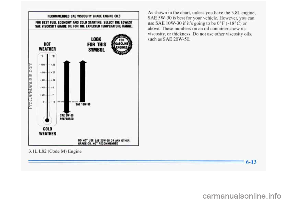 BUICK REGAL 1996  Owners Manual RECOMMENDED SAE  VISCOSITY  GRADE  ENGINE OILS 
FOR BEST  FUEL -------ylY AND COLD  STARTING,  SELECT  THE LOWEST 
SAL  VlSCOSlTV 
bnmws DIL FOR THE  EXPECTED  TEMPERATURE  RANGE. - 
HOT 
WEATHER 
LOO